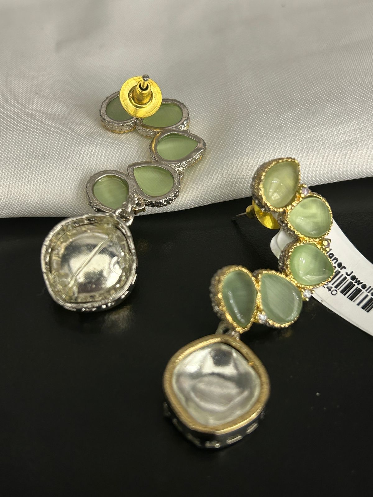 Green Stone & Kundan Drop Earrings with Golden Finish